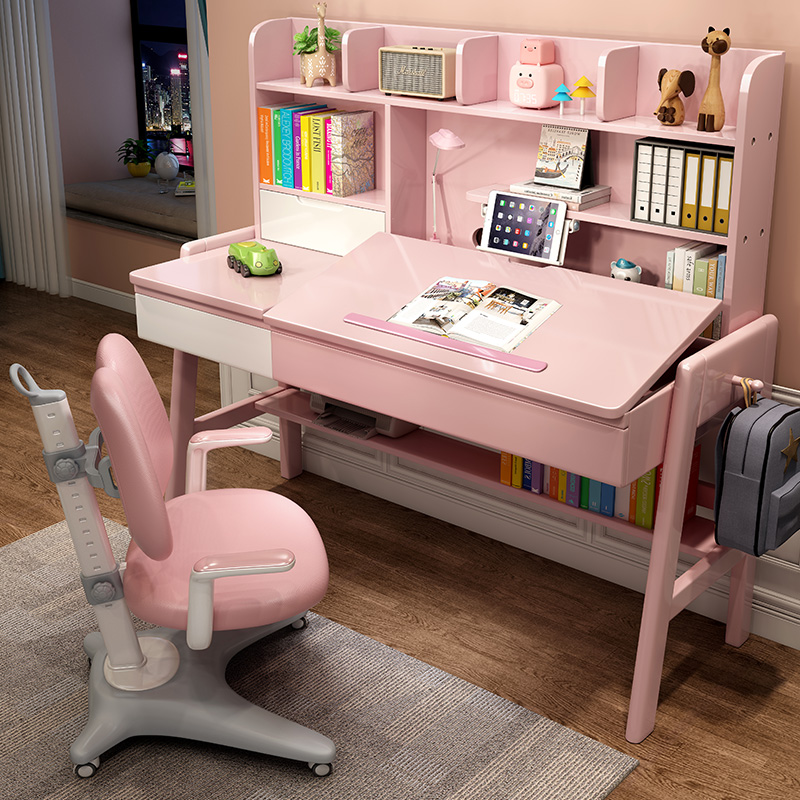 Pink children's study table can lift primary school students homework desk and chair home girl desk solid wood desk
