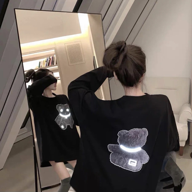 Vicxx We11done Reflective Bear Long Sleeve T-Shirt Welldone Korean Loose Turtleneck Casual Jacket