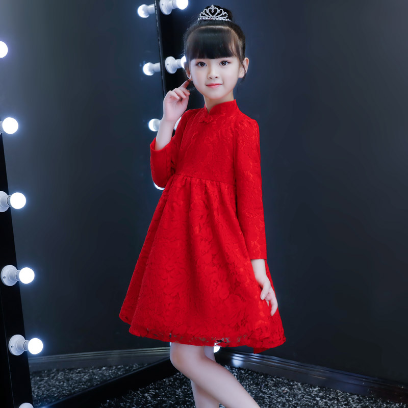 Girls dress spring and autumn plus velvet children's western style skirt spring long-sleeved girl princess dress red dress winter
