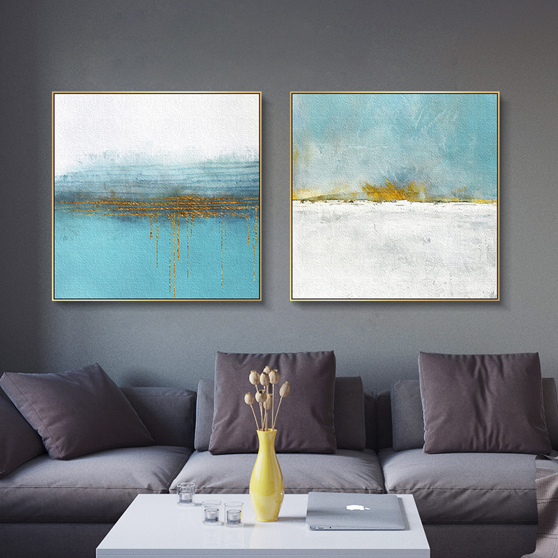 Blue minimalist abstract decoration painting Nordic style living room hanging on the meteorological square murals of atmospheric gold square