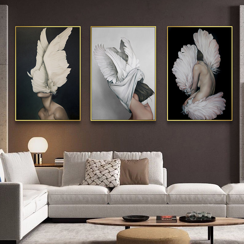 Postmodern small crowd figures Decorative Painting Minimalist Sofa Background Wall Triple Hang Painting Bedroom Abstract Light Lavish Fresco