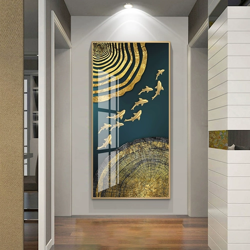 Картина прихожей, вертикальная версия, украшение прохода, фреска гостиной, подвесная картина, светлая роскошная картина с девятью рыбами, настенная живопись, хрустальная фарфоровая живопись, картина для коридора