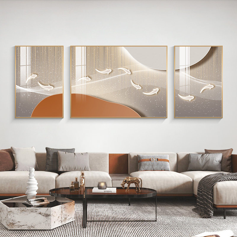 Nine Fish Poly Property Picture Living Room Hanging Painting Light Lavish Sofa Background Wall Decoration Painting Atmosphere Triptych Modern Minima Mural Painting