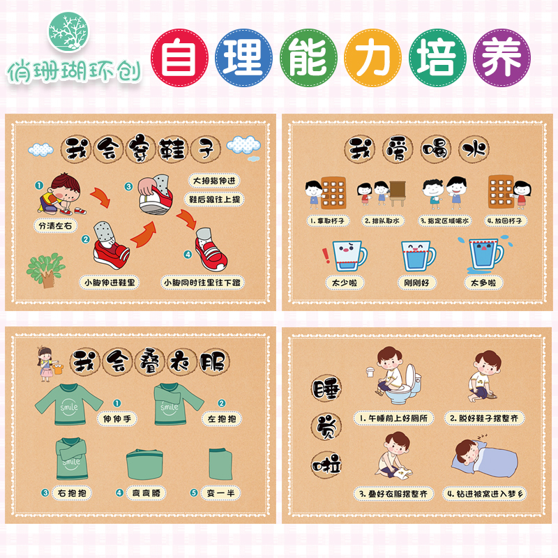 Kindergarten Living Area Self-Care Ability Environmental Creation Wall Stickers Toilet Wash Face Clothes Brushing Teeth Tying Shoelace Steps Diagram