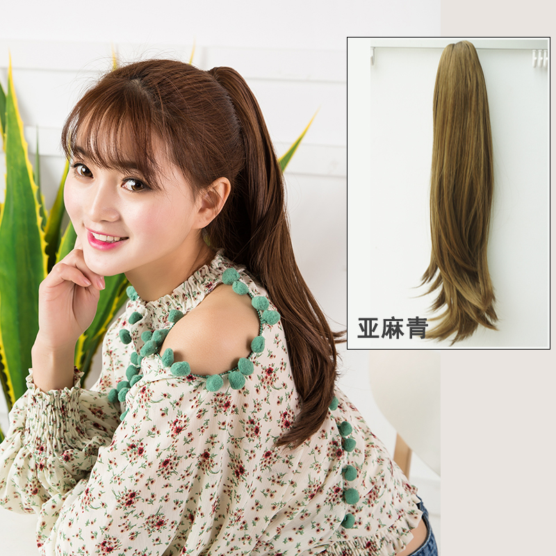 Grip Pony Tail Wig Woman Natural Microcurly Hair Temperament Long Straight Hair Ponytail Hair Tail Brown Linen Green