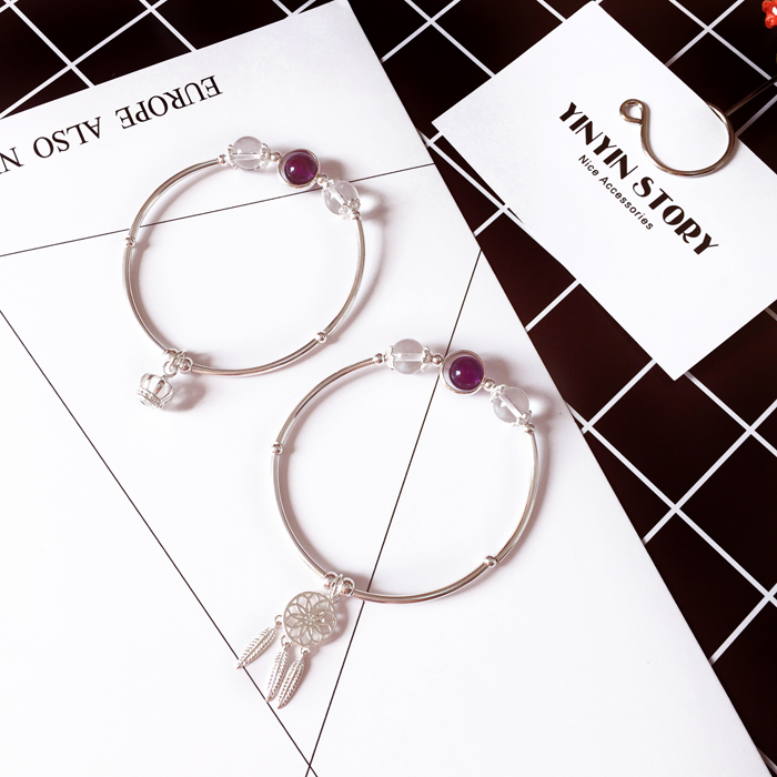 YINYIN CÂU CHUYỆN ■ tự nhiên tinh thể dâu tây moonstone thạch anh tím trắng bracelet sterling silver bracelet đột quỵ đào mật ong bạn gái