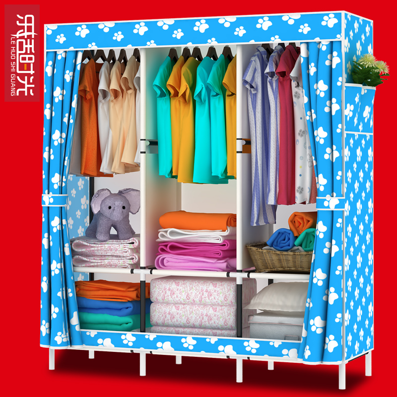 Lohas time Simple wardrobe Steel frame fabric Oxford cloth wardrobe Steel pipe assembly Double large wardrobe Economical