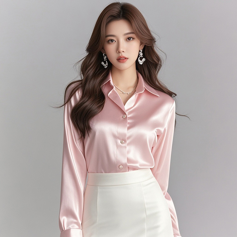 2025 Spring and Autumn New Style Western-Inspired Fashionable High-End Light Luxury Satin Pink Shirt for Women Long Sleeve Inner Layer Professional Shirt