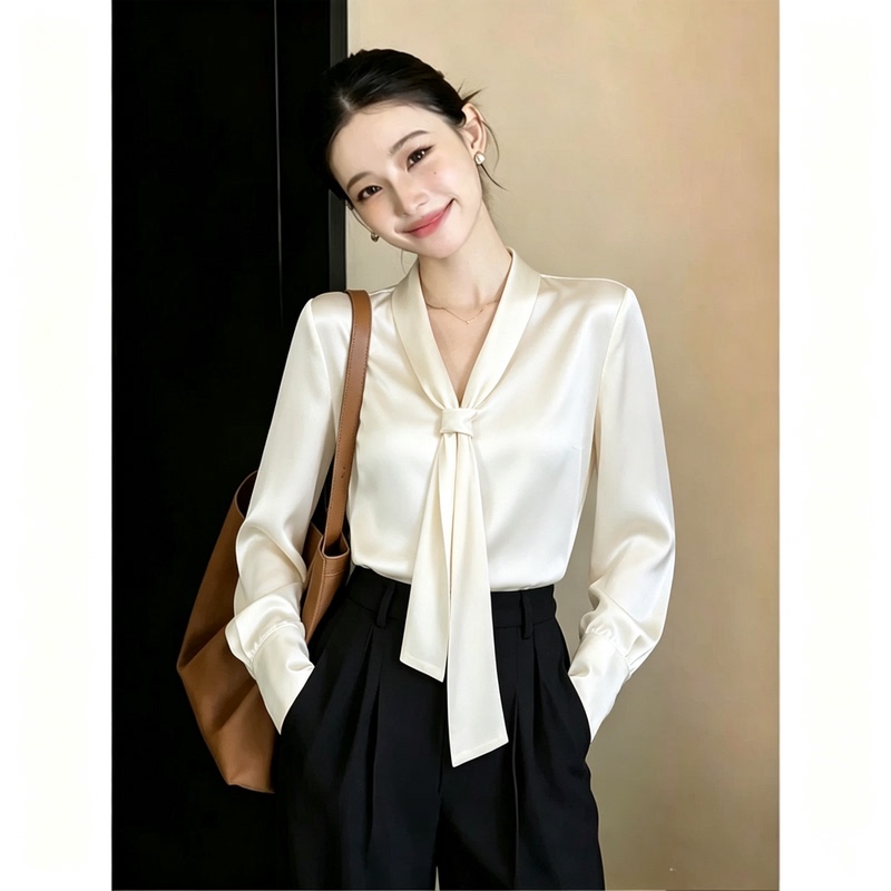 Satin Ribbon Shirt for Women, Early Autumn, Light Luxury, High-End, Elegant, Long-Sleeved Shirt, French Style, Professional Attire, Commuting Workwear Satin Ribbon Shirt for Women, Early Autumn, Light Luxury, High-End, Elegant, Long-Sleeved Shirt, French Style, Professional Attire, Commuting Workwear
