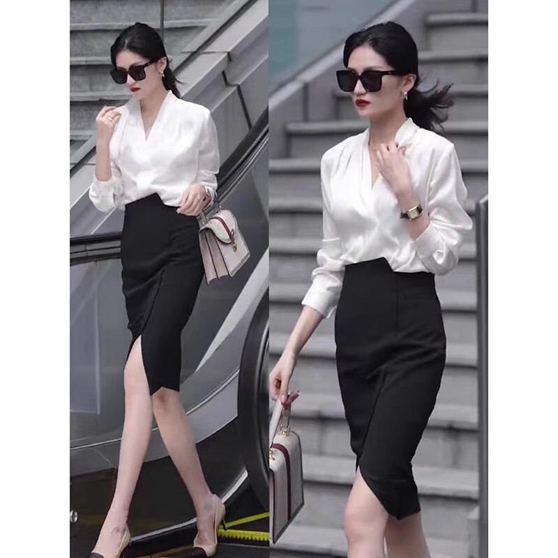 2025 Summer New Style New Chinese Style Satin V-Neck Shirt Women's Long Sleeve Layered Top Formal Business Shirt
