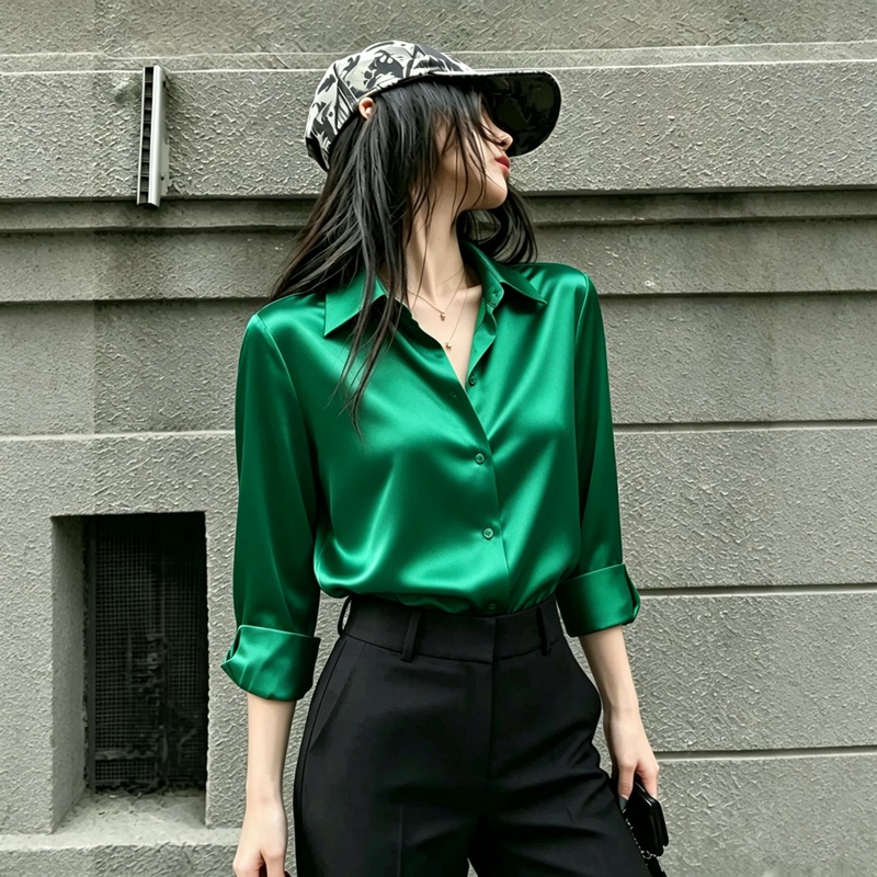 Green Glossy Satin Shirt for Women, Spring and Autumn, Light Luxury, High-End Top, Suitable for Wearing under a Suit, Professional Commuting Workwear Green Glossy Satin Shirt for Women, Spring and Autumn, Light Luxury, High-End Top, Suitable for Wearing under a Suit, Professional Commuting Workwear