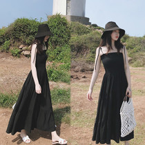 Chic suspender little black dress one-shoulder 2022 mid-length a-line summer Hepburn fairy dress female over the knee