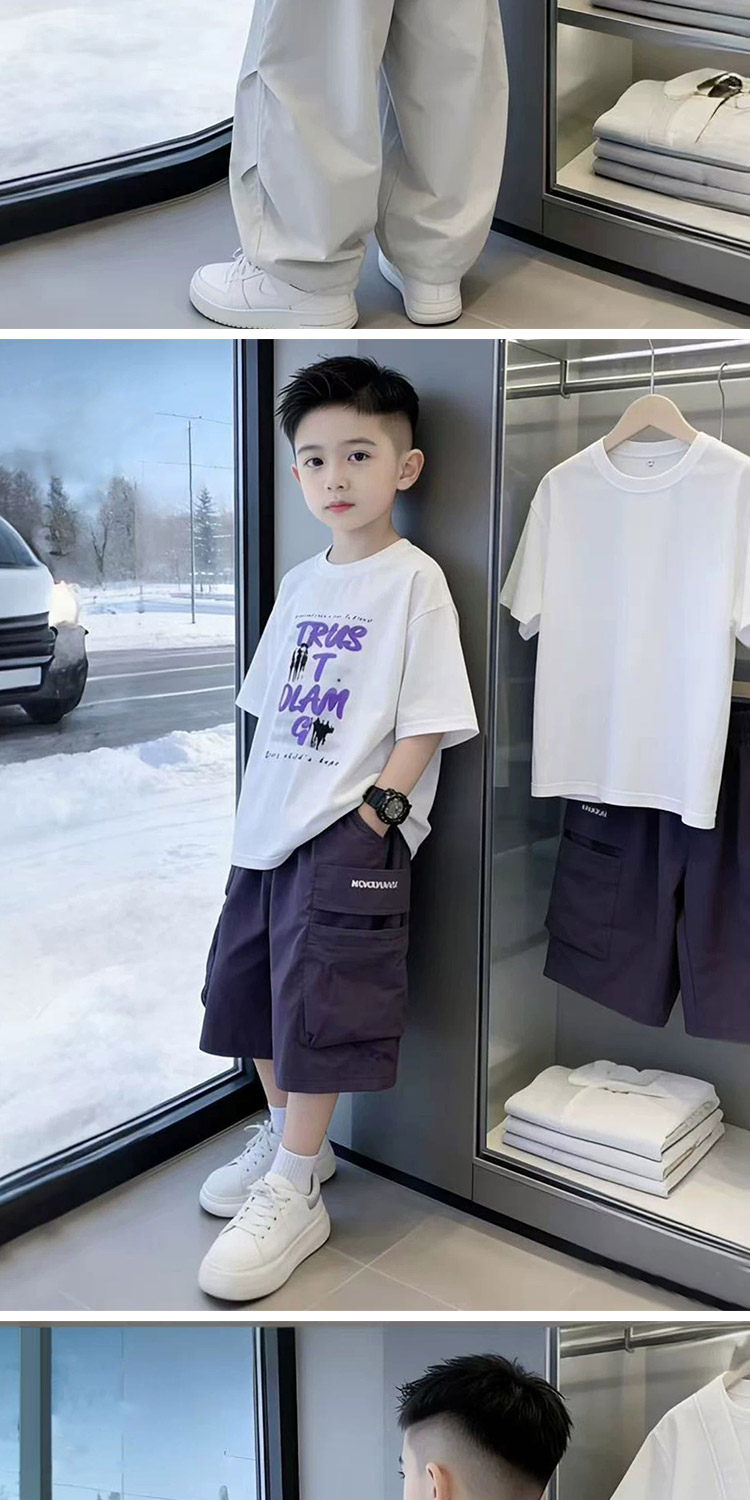 Boys' Short-Sleeve T-Shirt Set 2026 New Trendy Street Style Cool Children's Summer Outfit Boys' Clothing Big Kids Summer Two-Piece Set — 7