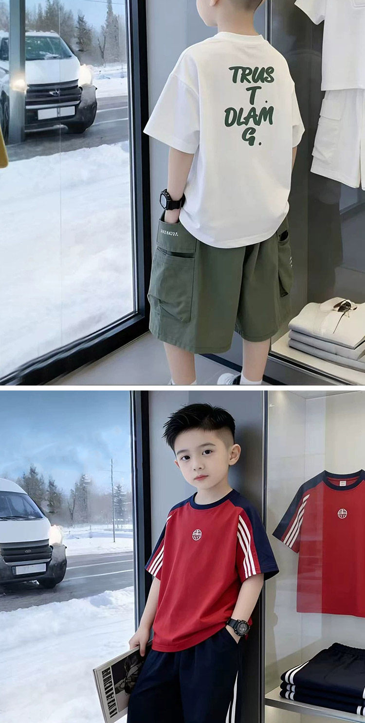Boys' Short-Sleeve T-Shirt Set 2026 New Trendy Street Style Cool Children's Summer Outfit Boys' Clothing Big Kids Summer Two-Piece Set — 8