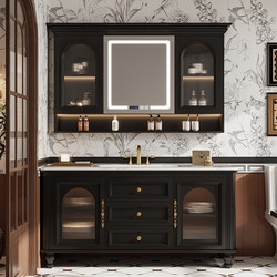 Oak French Retro Bathroom Cabinet Combination Bathroom Washbasin Floor-Standing Washbasin Cabinet Smart Mirror Cabinet Luxury Stone