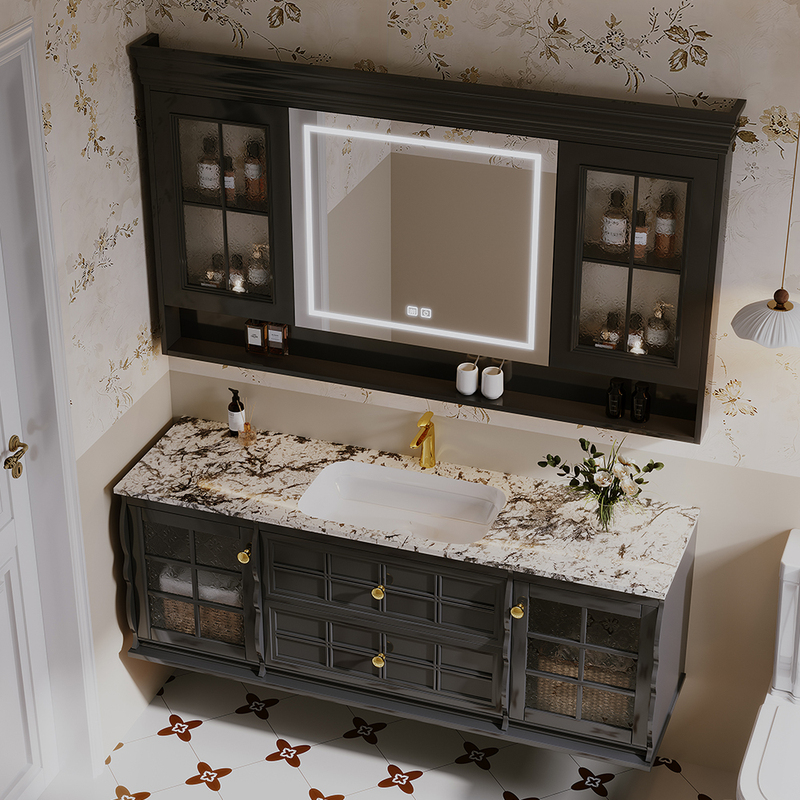New Oak French-Style Vintage Bathroom Cabinet Set with Washbasin and Imported Luxury Stone Integrated Basin