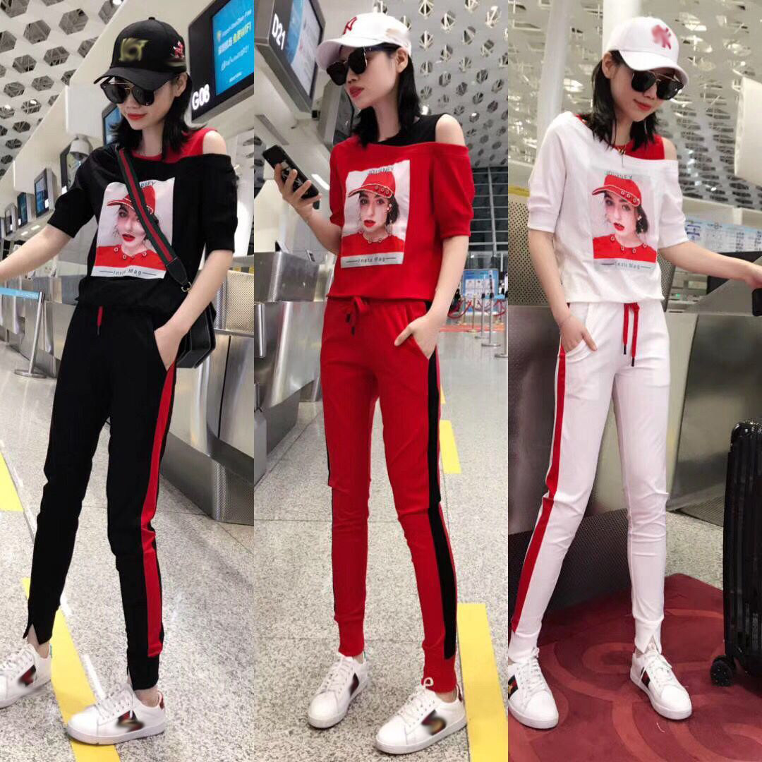 European Station Sports Suit Women Spring Summer 2023 New Fashion Leaky Shoulder Short Sleeve Long Pants Casual Two Sets European Stock Tide-Taobao