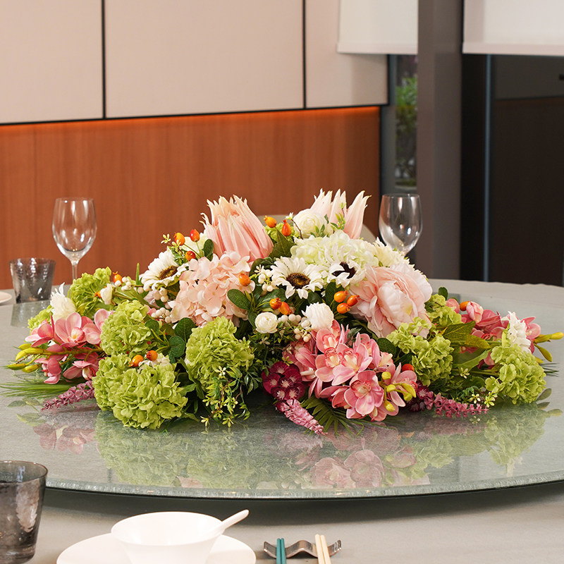 High-end hotel big round table middle hem flower turntable emulated flower decoration flower dining room Dining Room box Fake Flower Pendulum