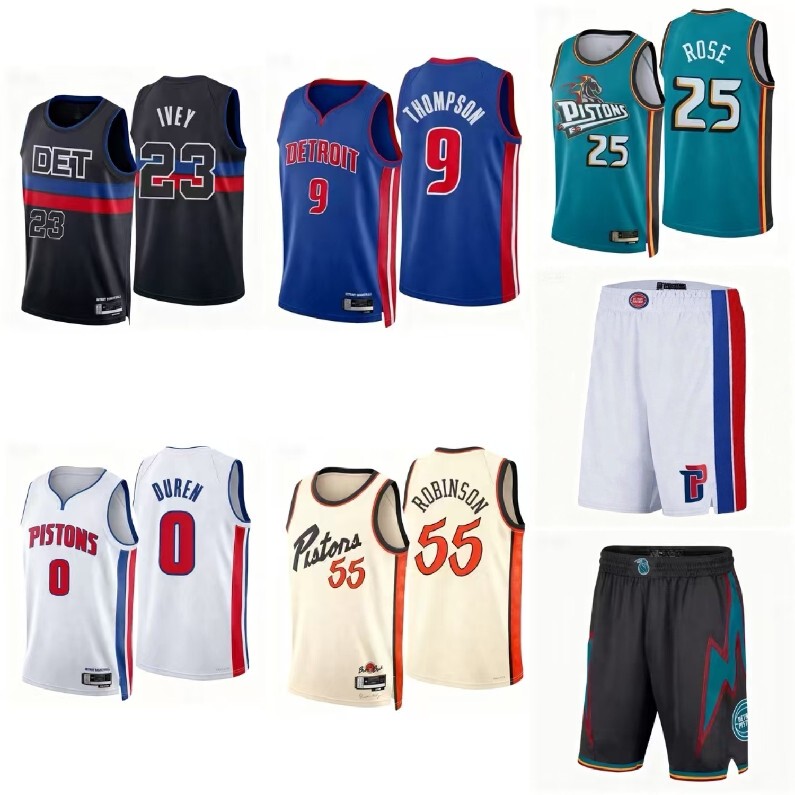 Pistons Basketball Jersey No. 2 Cunningham No. 9 Thompson No. 0 Duren No. 33 Hillrose Fan Edition Jersey and Shorts