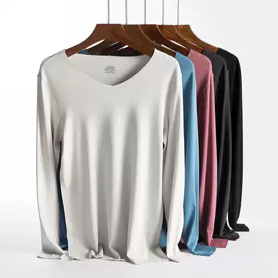 Men's non-trace V-collar hot clothing velvet self-heating single top plus thin velvet autumn clothing long sleeve tight base shirt