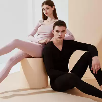 No trace couple hot clothes women thin solid color round neck tight body bottom men's autumn clothes sanitary pants set Winter