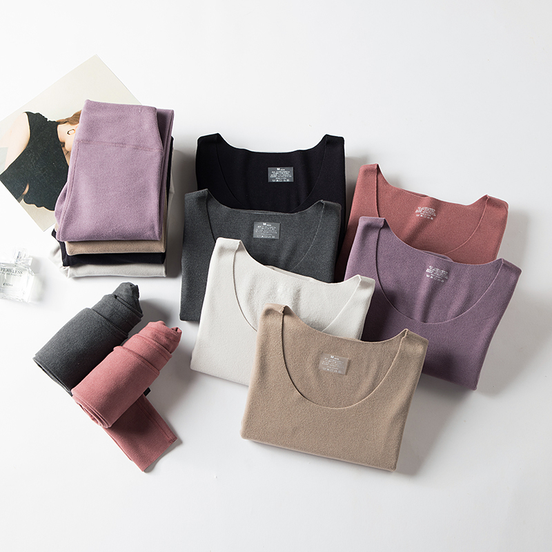 Double-sided velvet women's low neck thermal underwear slim bodyless plus fleece thick self-heating body autumn clothes autumn pants set