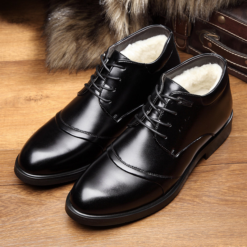 Cotton shoes men's winter fleece warm leather shoes men's leather pointed toe lace casual men's shoes business formal high-top shoes