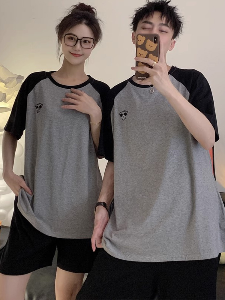 <!--情侣睡衣夏季薄款短袖短裤纯棉黑灰两件套装夏天网红风男女家居服-->