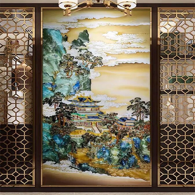 Custom pure hand steel Tempered Art Glass Pinch Enamel Color Painting Screen Wind Partition Living Room Entrance into the family Guan Guan Background Wall-Taobao