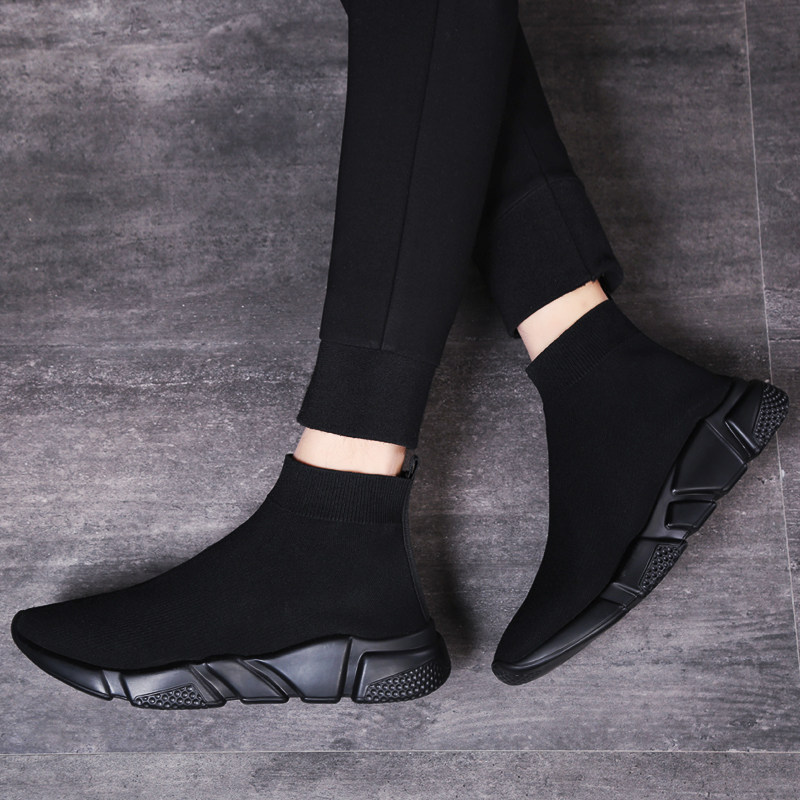 Socks shoes men's elastic sports casual shoes black flying woven shoes mid-tube shoes trend high tube knitted breathable socks overshoes