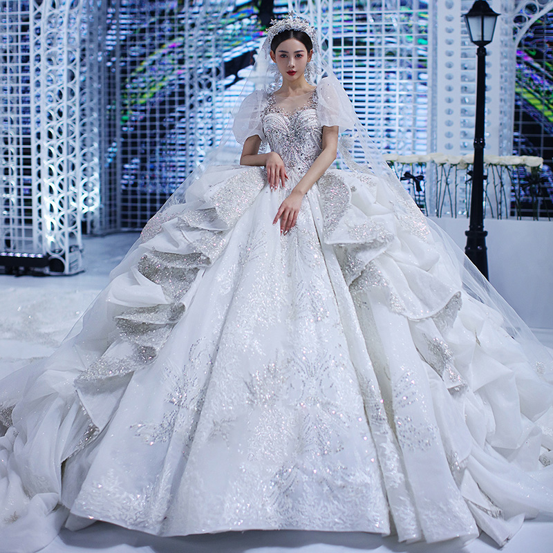 Main Wedding Dress 2022 New French Bride Premium Texture Luxury 2021 Heavy Industry Retro Court Style Big Tail Light