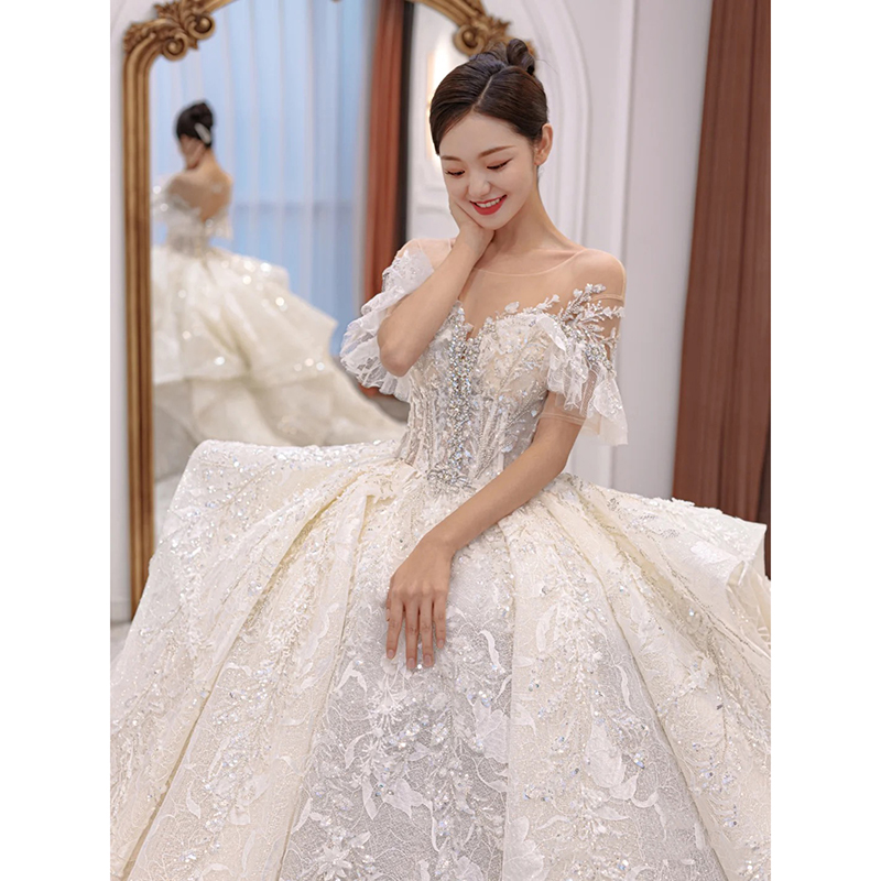 Main Wedding Dress Gown 2022 New Temperament Bride Small Sub-Style Heavy Work With A Shoulder Luxurious High-end Trailing Light