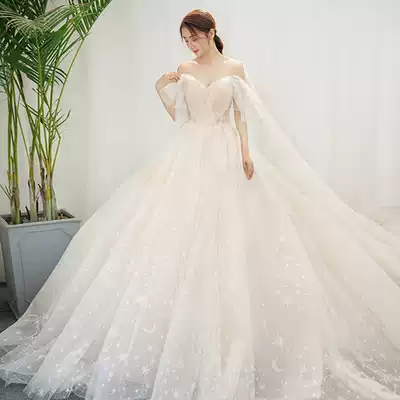 Shoulder wedding dress 2021 new bride female simple atmosphere starry sky heavy industry luxury tailing thick arm