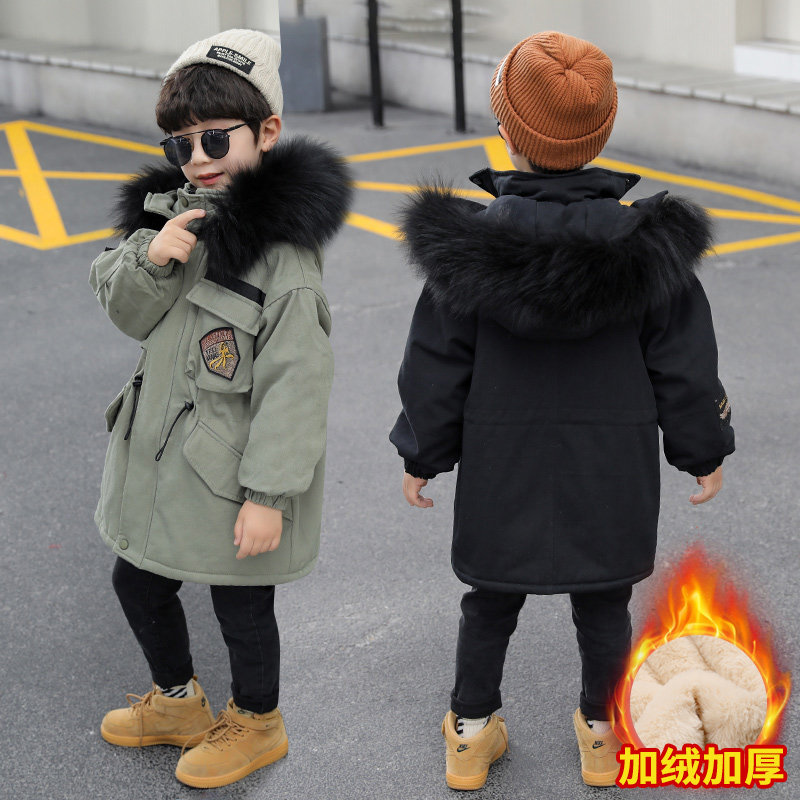 Boys' cotton-padded clothes 2022 new winter clothes children's plus velvet thickened cotton clothes in the big boy's medium-length version of the Western style to overcome the tide