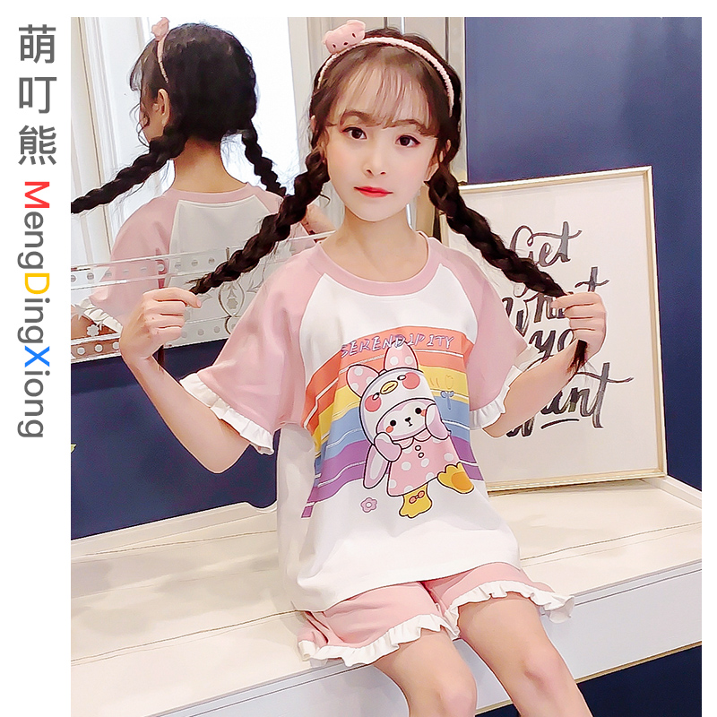 Girl Sleepwear Summer Slim Pure Cotton Children Cartoon Short Sleeve Shorts Two Style Suit Girls CUHK Children's Home Clothes