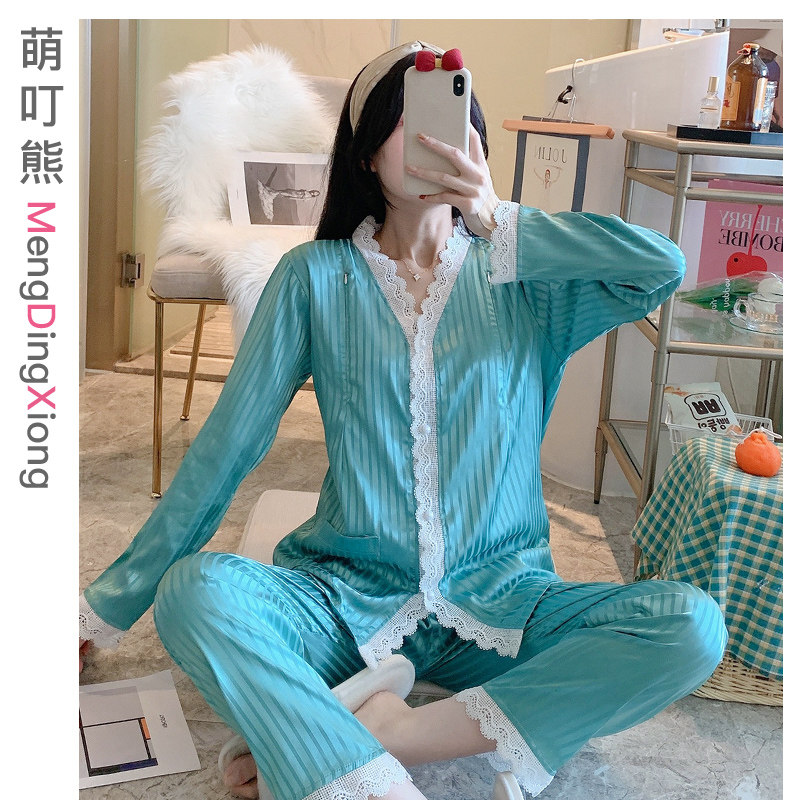 Lunar Subsuit Summer Ice Silk Thin Lactation Lactation Nursing Home postpartum discharge pyjamas July 8 Spring pregnant women's stay-at-home clothing