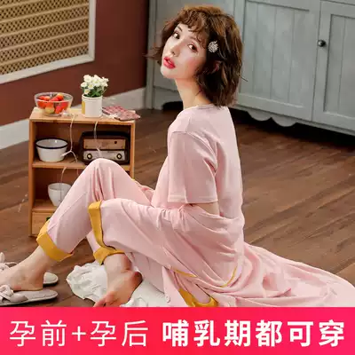 Yuezi clothing summer thin cotton postpartum breastfeeding pregnant women 5 Months 6 breathable 7 sweat sucking lactation pajamas three sets 4