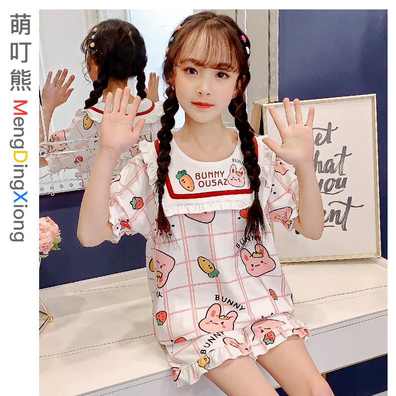 Cute Bear Pure Cotton Girl Sleepwear Children Summer Thin style short sleeves Two sets girls CUHK Home Suits Suit