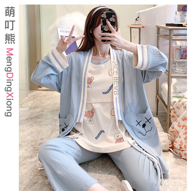 Lunar Subsuit Summer Postnatal pure cotton Three-style pregnant woman Spring and autumn thin Family clothes June 5 Lactation breast-feeding pyjamas