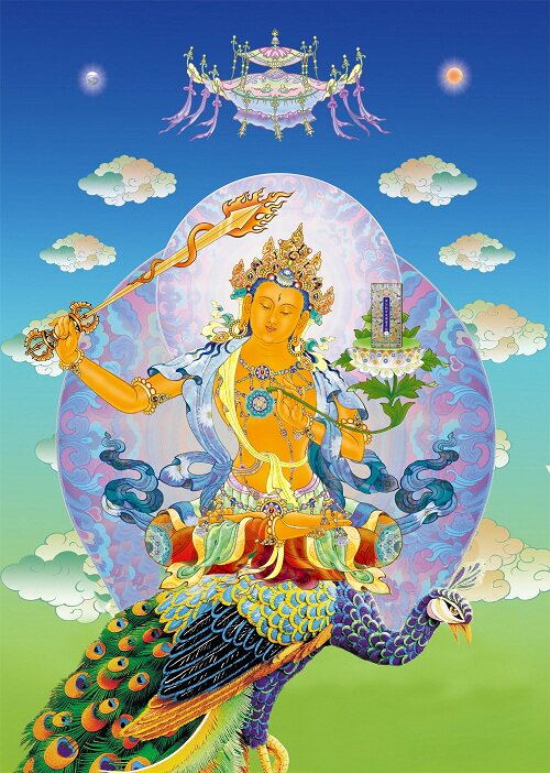 佛教文殊師利經典唐卡雙麪塑封文殊菩薩像騎金色孔雀宗教畫像-Taobao-Tmall
