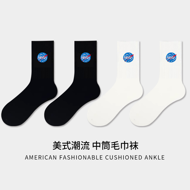 Preflight Nasa Mid-Calf Towel-Soled Sports Socks Cotton Socks Space Agency Trendy Brand European and American Street Fashion Socks