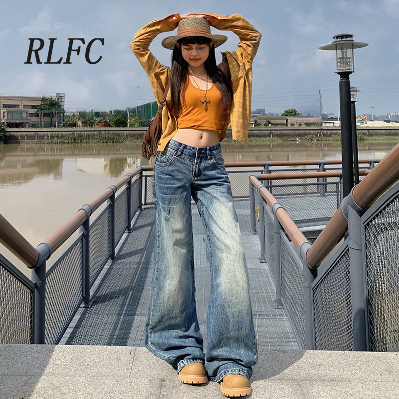 Rlfc Retro Low-Waisted Wide-Leg Jeans for Women 2026 Early Spring New Style Loose Slimming Drapey Flared Floor-Length Pants