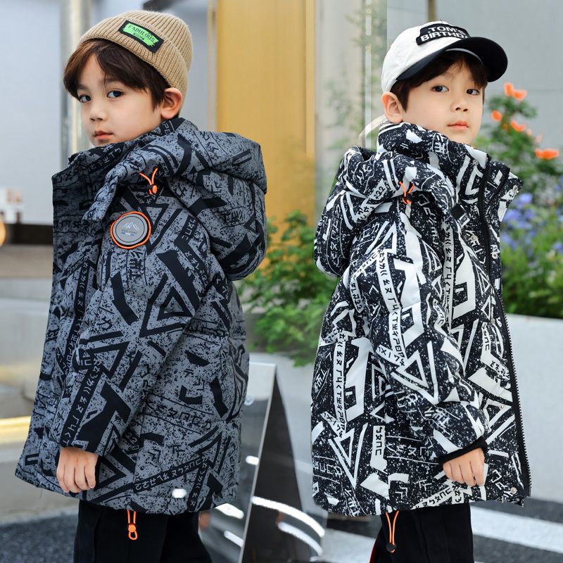 Children's down Jacket for Boys, Mid-Length, for Older Kids, 2025 New Winter Style, Stylish White Duck Down, Thickened Camouflage
