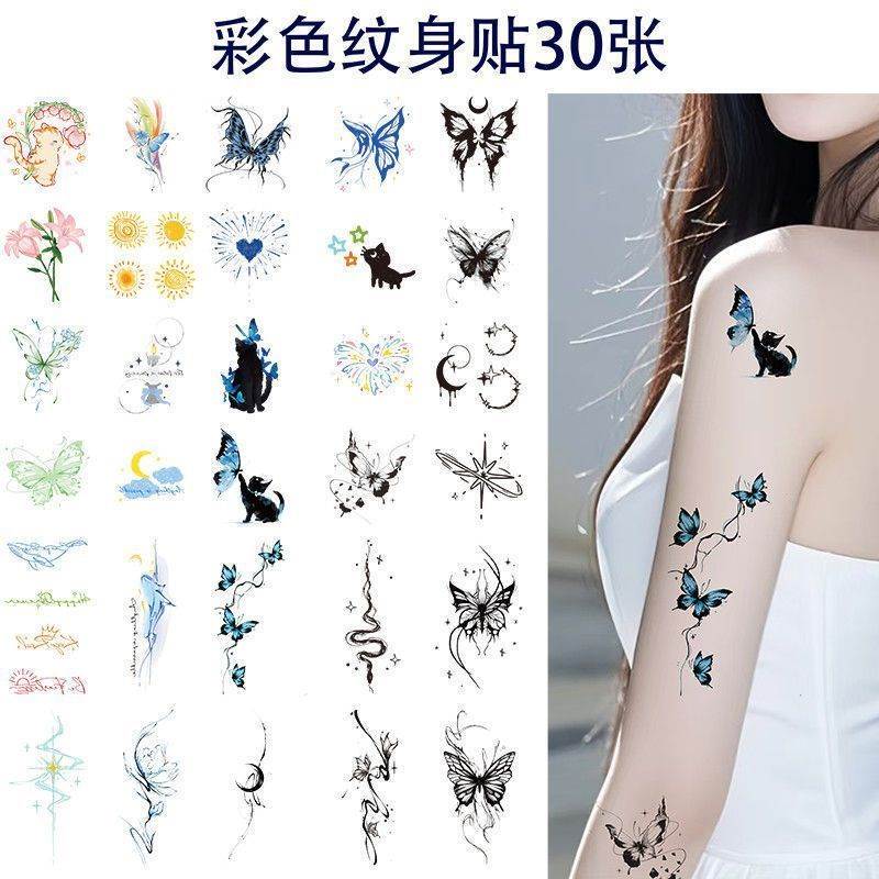 Colorful Tattoo Stickers for Women, Waterproof and Long-Lasting, Butterfly ins Style, Sweet and Cool Tattoos for Collarbone, Arm, and Leg, Stickers for Students