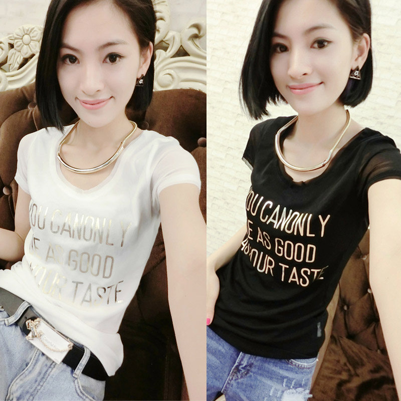 European station 2022 summer new breathable mesh letter printing short-sleeved T-shirt women's slim slim sexy top