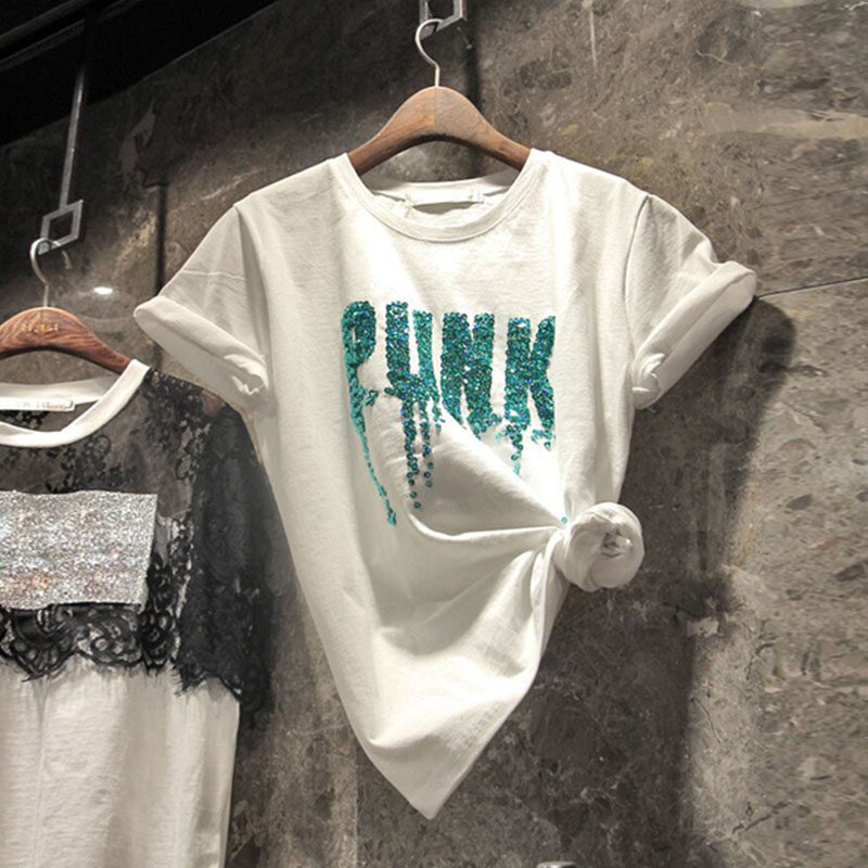 2022 summer new heavy industry letter sequined T-shirt women's short-sleeved Korean fan loose round neck pullover T-shirt top trend