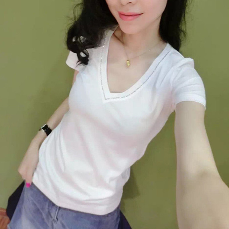 European station short-sleeved t-shirt female 2023 new fashion diamond white V-neck top female summer Korean version bottoming shirt T-shirt