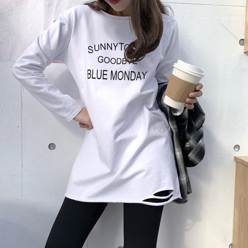 2022 spring and autumn new Korean version loose mid-length T-shirt women's hem white bottoming shirt top women's ins tide