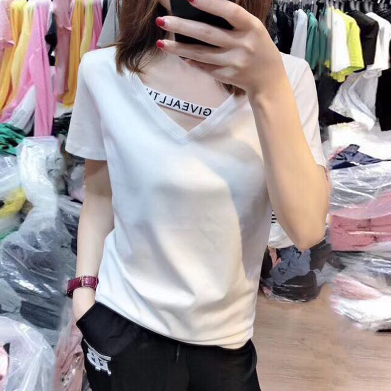 European station 2023 summer new women in tide caution V collar short sleeve shirt tops tide