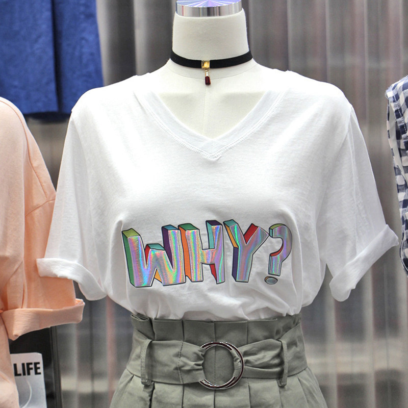 Korean version of 2022 summer new loose casual bottoming shirt half-sleeved T-shirt letter white V-neck short-sleeved T-shirt female